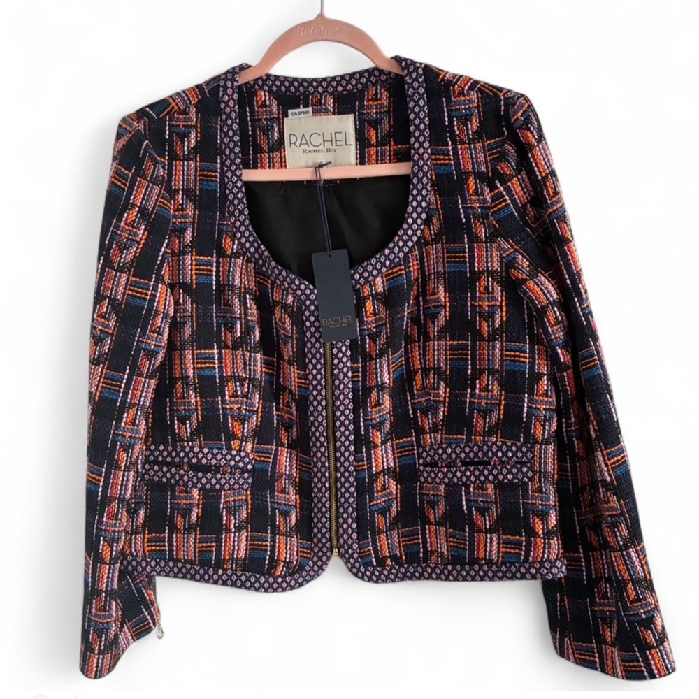 Rachel Roy Multicolor Plaid Tweed Blazer Jacket Front Zip US12
